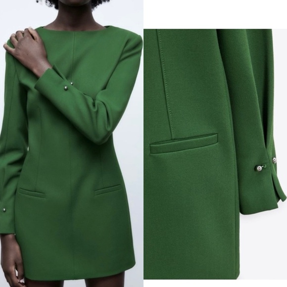 Zara Tailored Green Long Sleeve Mini Dress Sz M - Picture 3 of 16